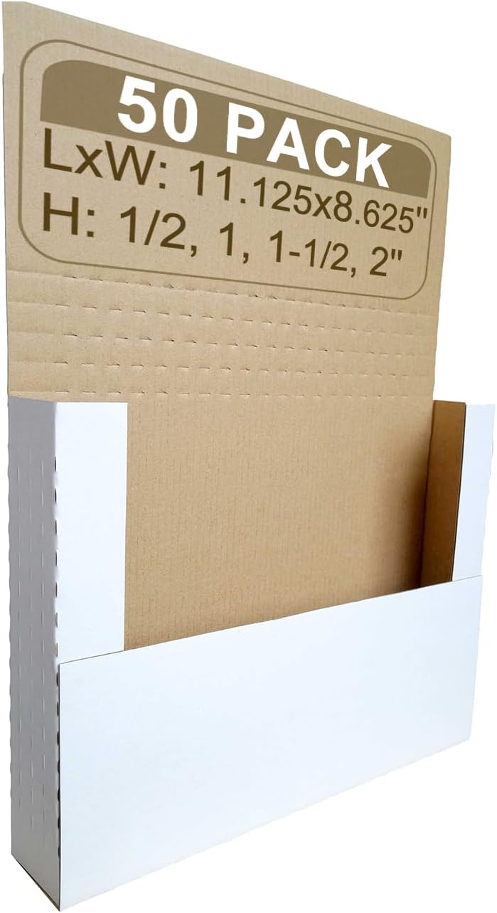 50 Pack DVD Shipping Box Mailers, 7.5 x 5.5 x 2" Height Adjustable Corrugated Easy-Fold Mailers, for Video Game, CD cases, White (YD752E50)
