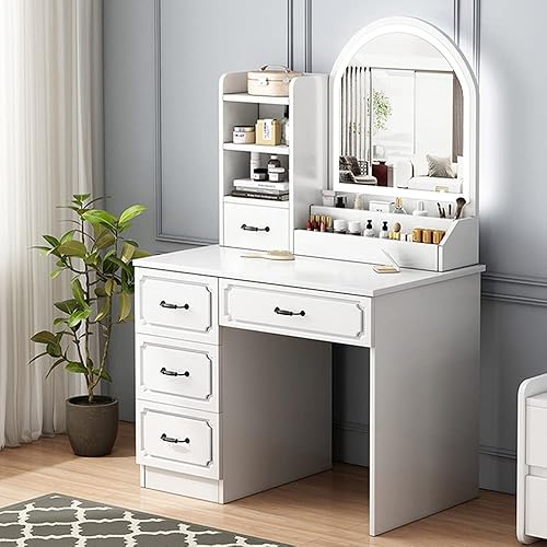 LITFAD Moderno escritorio de maquillaje de madera para dormitorio, tocador de maquillaje con cajón, tocador nórdico con luz LED, tocador de