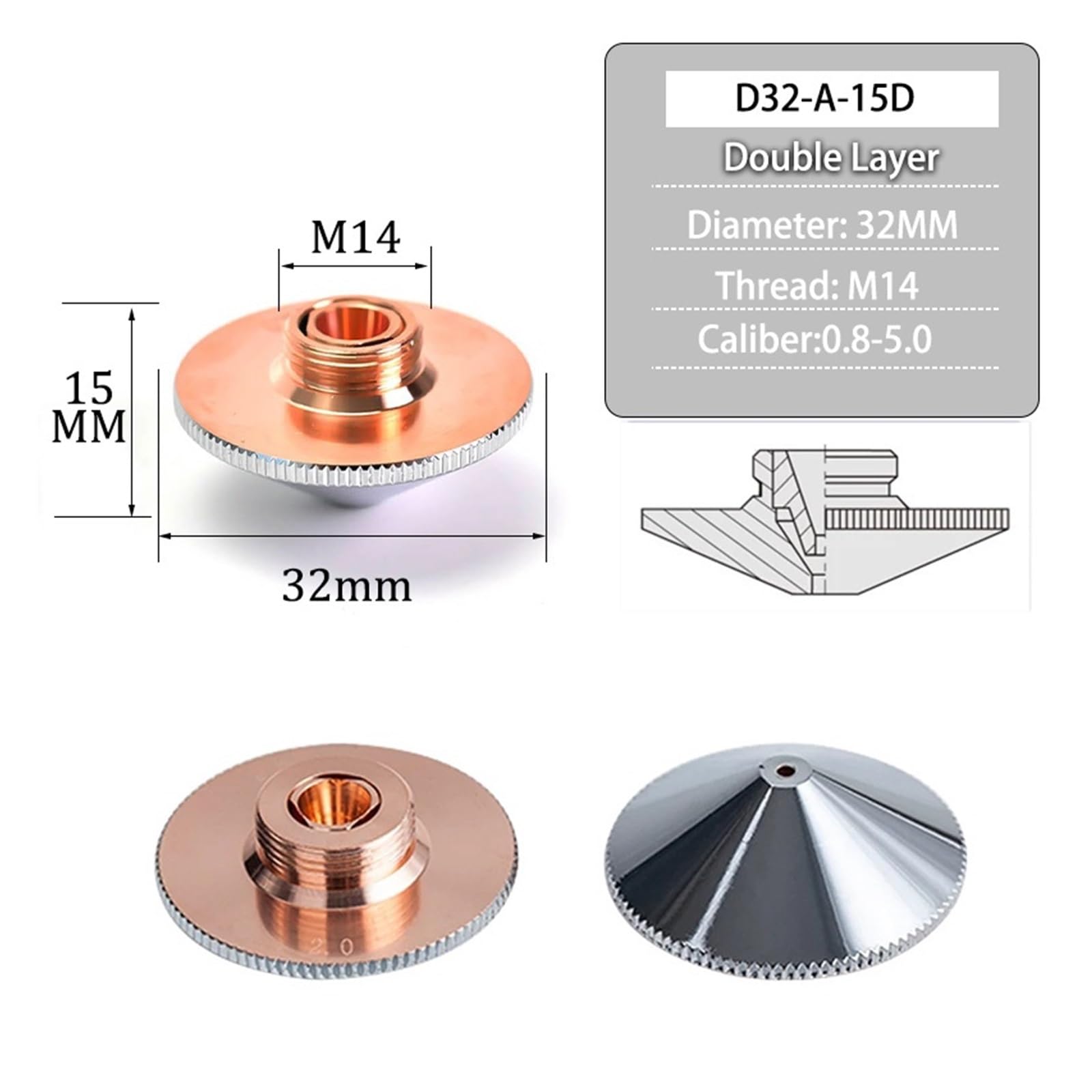 Pojedyncza podwójna warstwa, średnica 32 mm, M14, kaliber 0,8-4,5 mm, do dyszy laserowej maszyny do cięcia włókien