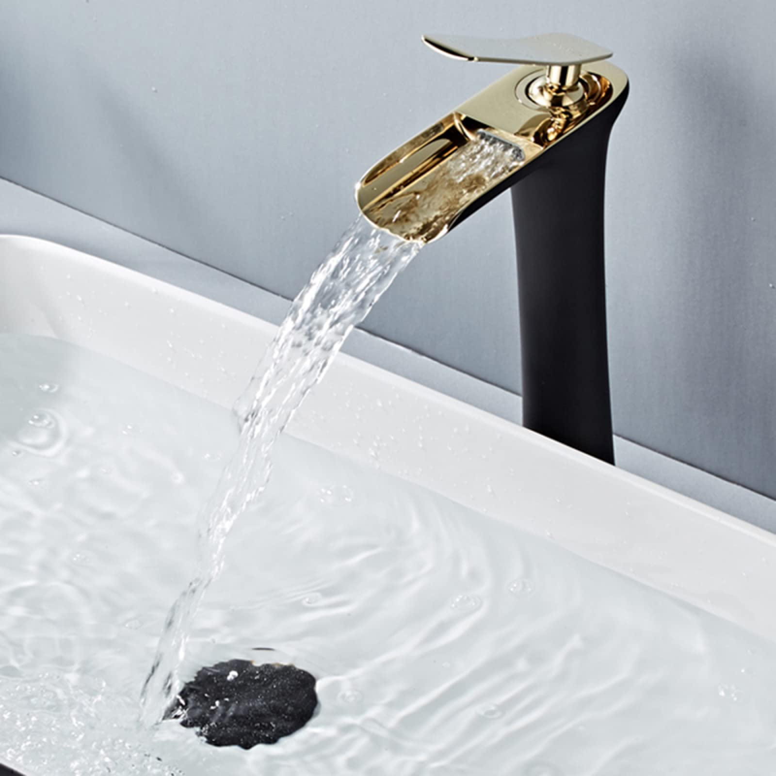 Bad Armaturen Waschbecken Wasserfall, Badarmatur Waschtisch Armatur Warmes und Kaltes Wasser, Einhandmischer Waschtischarmaturen Hoch, Schwarz