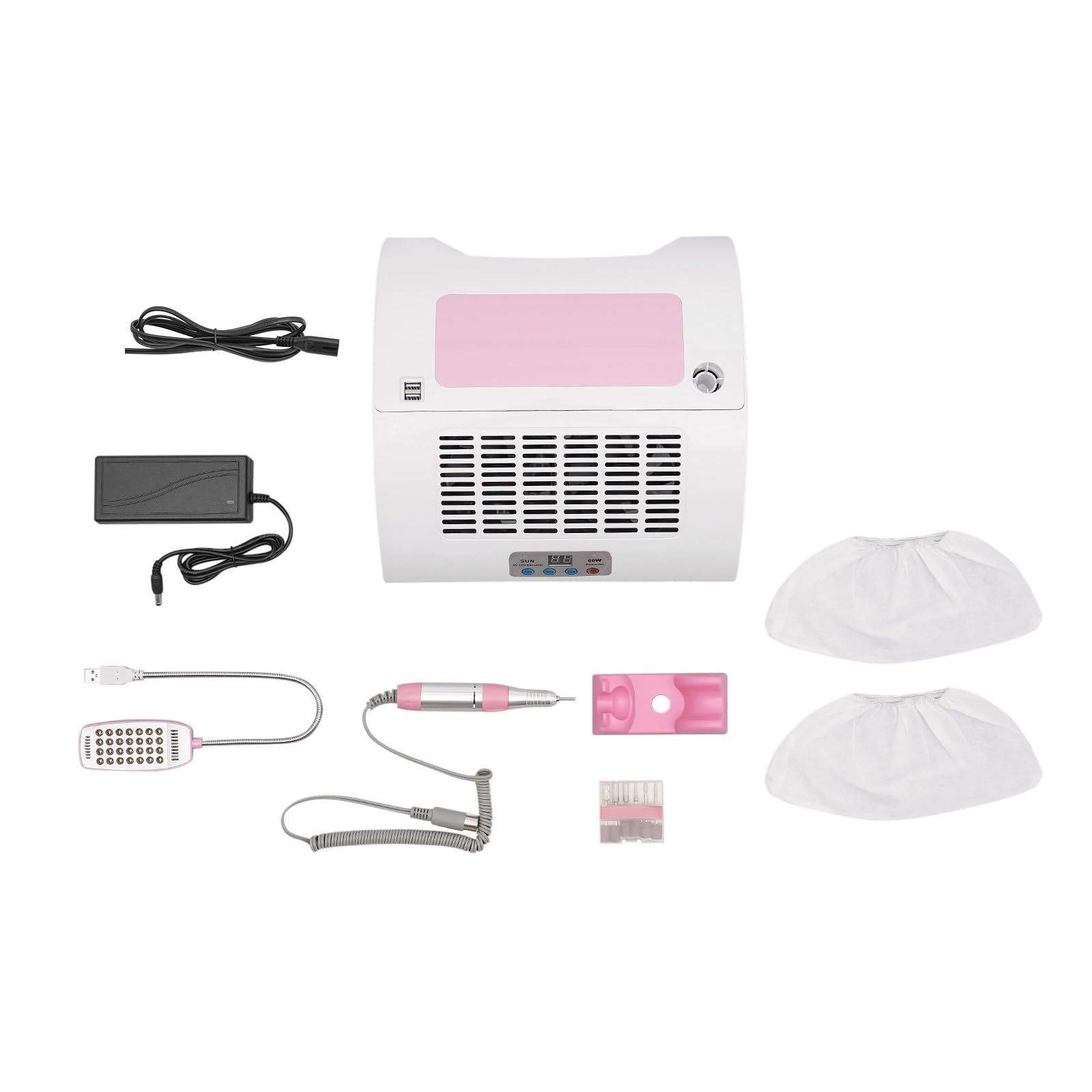 Extractor de polvo de uñas, Lámpara de uñas 5 en 1 con colector de polvo, taladro, reposamanos y lámpara LED de escritorio for esmalte de gel, for salón de uñas y uso doméstico.