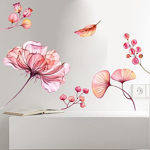 Miniatura 6 de Calcomanías de pared grandes de flores rosadas, decoración de baño, acuarela, calcomanías de pared florales extraíbles e impermeables, murales de