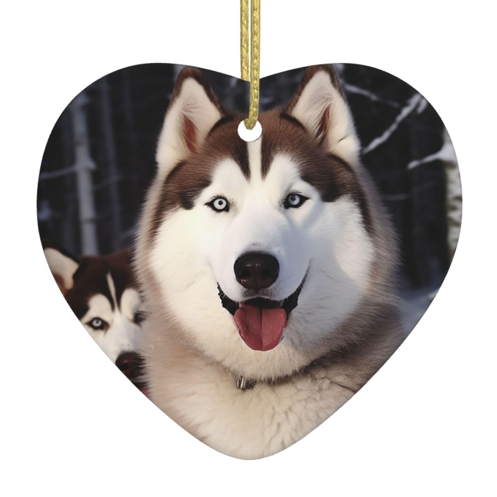 Ceramic Christmas Tree Hanging Ornaments with Gold Ropes Christmas Tree Decorations Heart Ceramic Huskies Pendant Keepsake Decorations for Holiday Xmas Gift Ideas