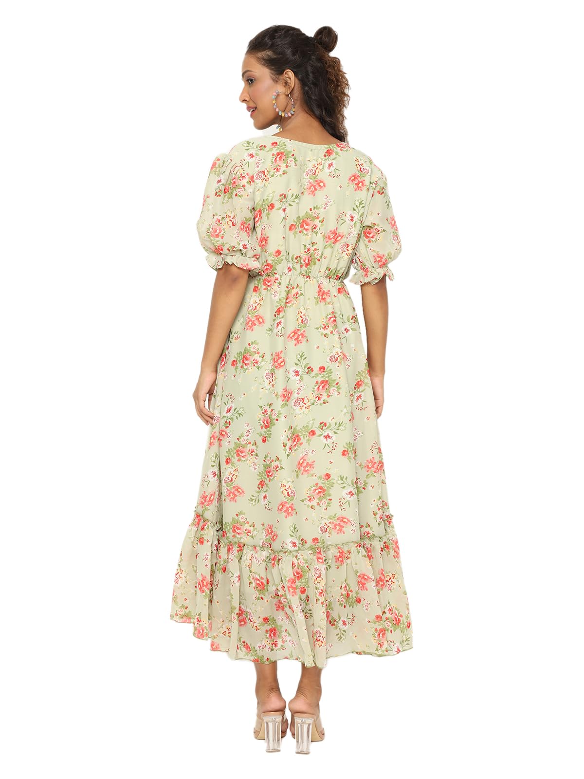 Avanova Georgette Pista Green Round Neck Maxi Western Dresses For Women (Dress 81 Pista 2Xl)