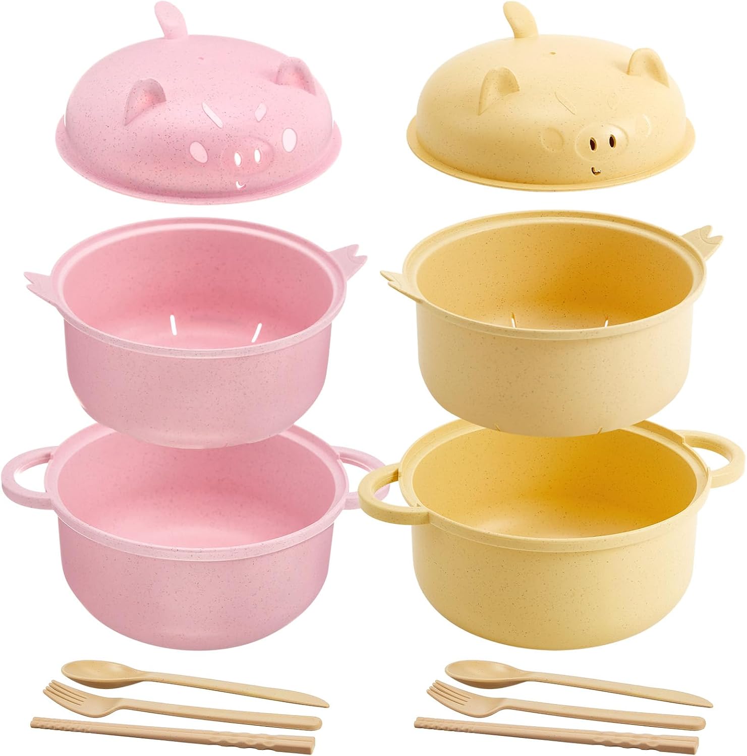 2 Sets Large 45oz Cute Pig Ramen Bowl Set Microwavable Pink, Yellow