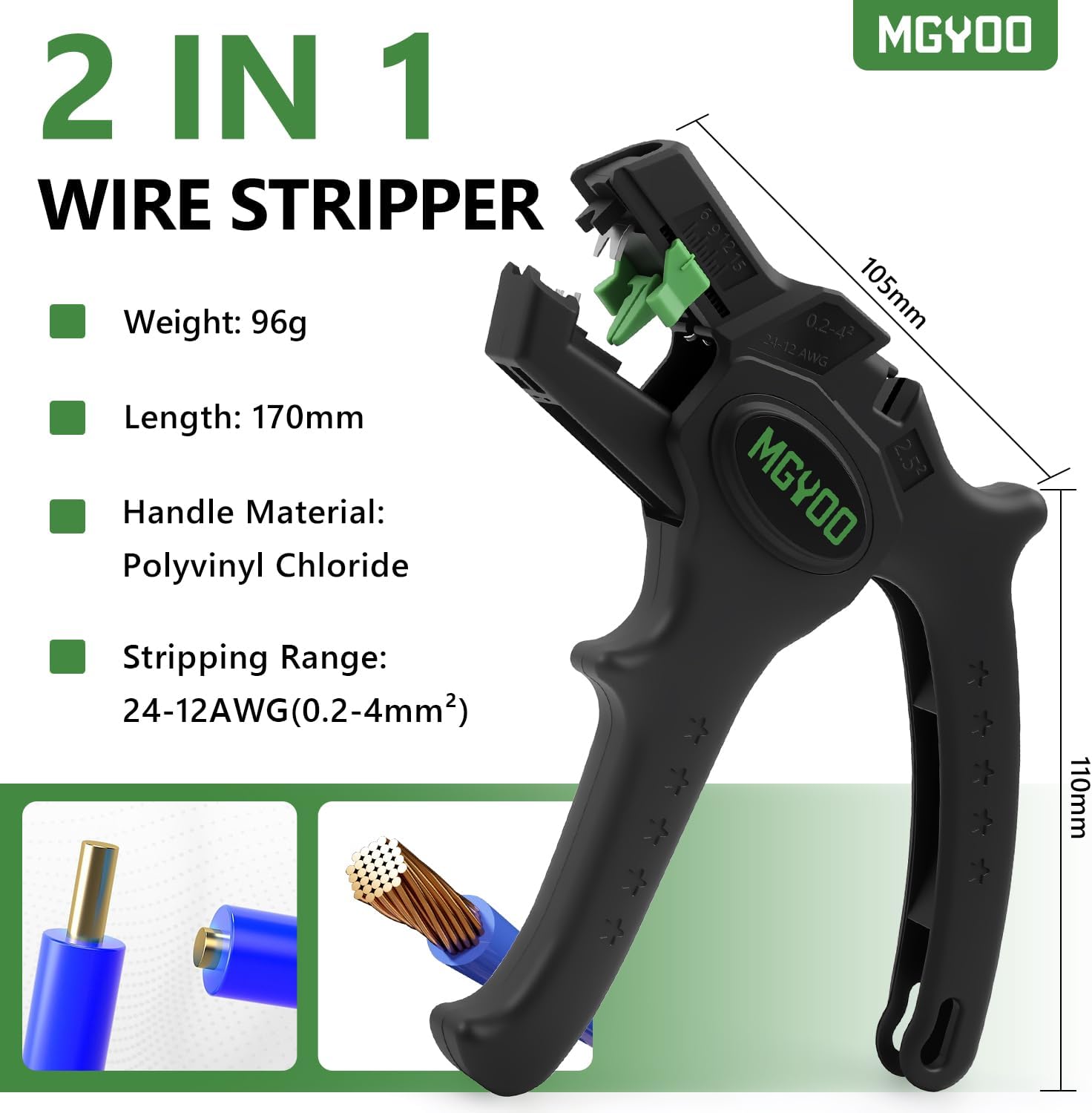 Ergonomic Automatic Wire Stripper with Cutter for Wires from 24-12AWG(0.2-4mm²) - Adjustable Electrical Cable Wire Stripping Tool with Side Wire Cutter for Cables Up to 2.5mm²