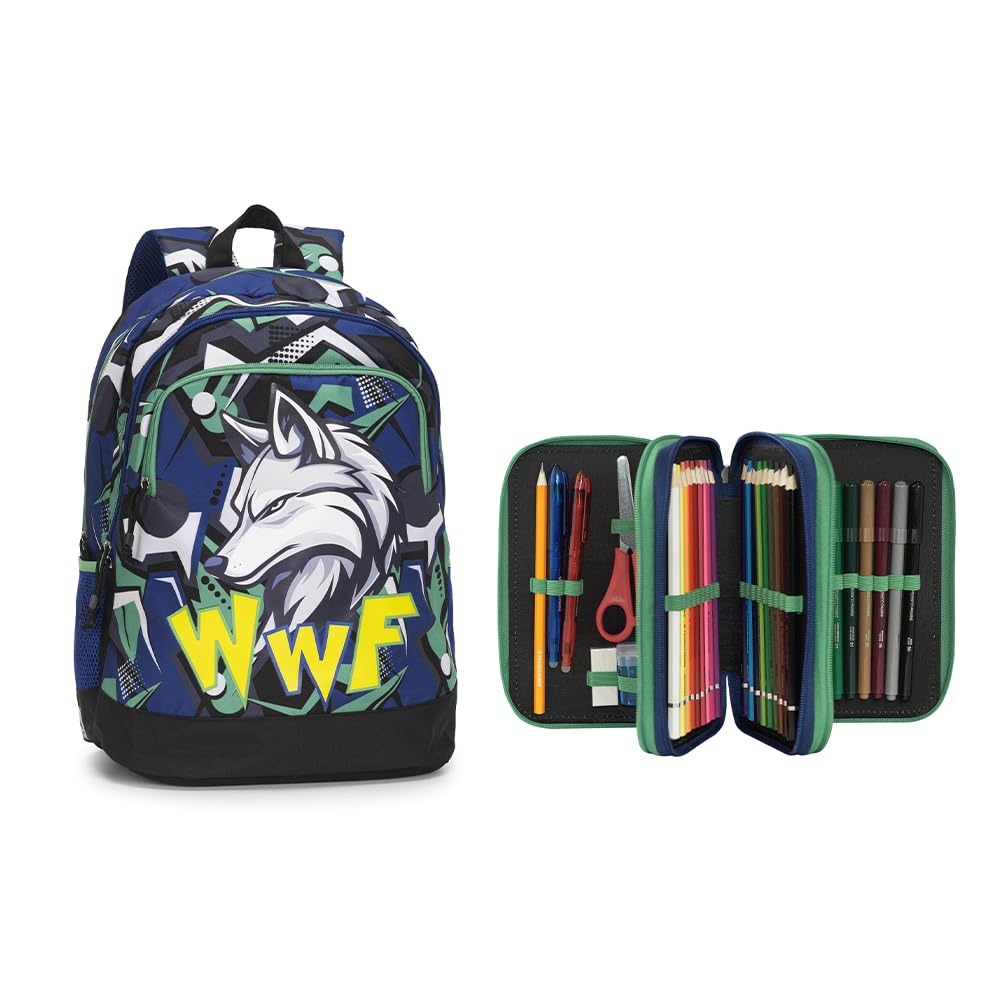 Franco Cosimo Panini WWF LUPO - Zaino e Astuccio, Ideali per Scuole Elementari o Medie, Astuccio con Set Cancelleria Incluso e Pratiche Chiusure a Zip