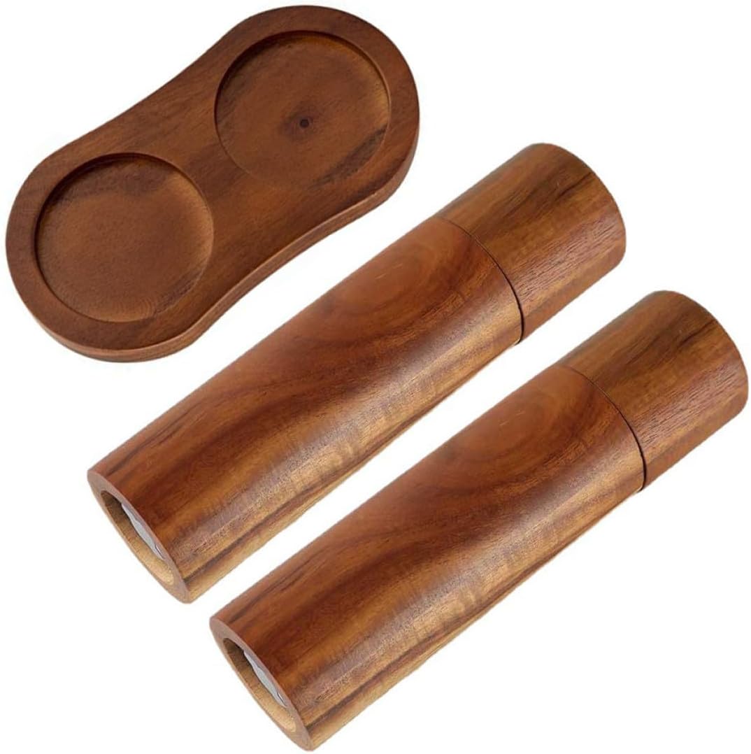 Manual Adjustable Pepper Grinder and Salt Mill Set, 8-inch Cylindrical Acacia Wood with Ceramic Core, Refillable Spice Grinder with Base for Kitchen and Dining Use