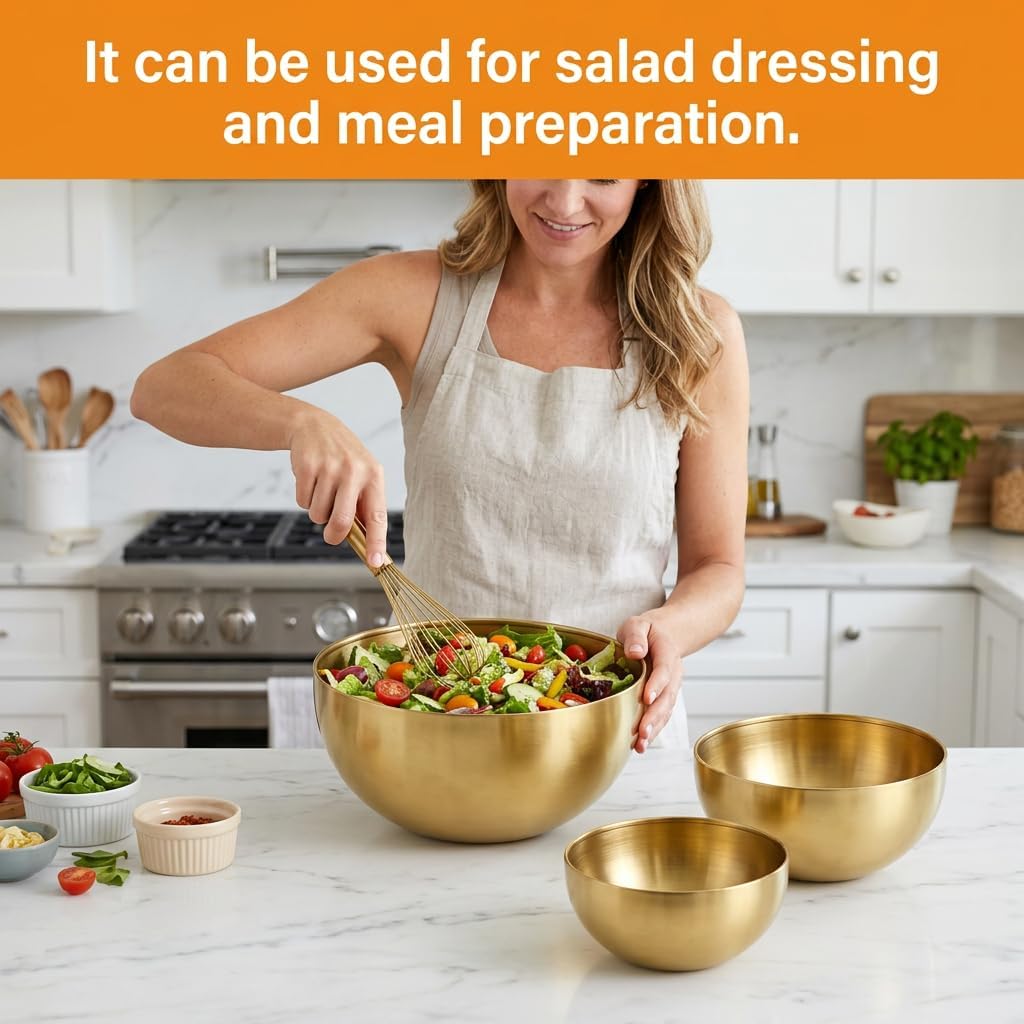 Mixing Bowls Set, 3 Pack, Gold | Stackable Nesting Bowls, Metal Bowls for Cooking, Baking, Meal Prep
