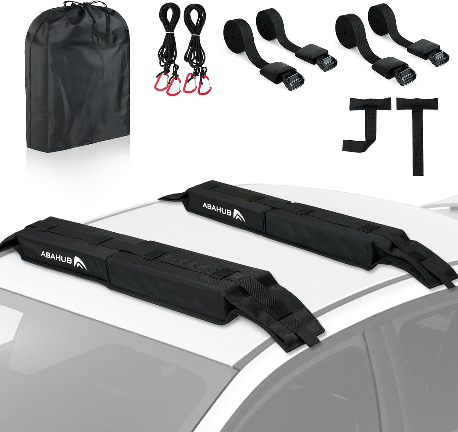 Abahub Car Soft Roof Rack Pads for Kayak,Canon,Surfboard,SUP Include 2 Tie Down Rope, 2 Quick Loop Strap, 2 Heavy Duty Tie Down Straps and a Storage Bag(Black)