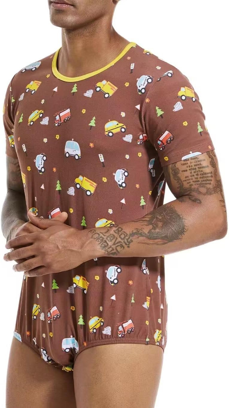 Landofgenie Men Short Sleeve Bodysuit Pajama Print Bodysuit One Piece Pajamas Rompers Basic Onesie - Image 5