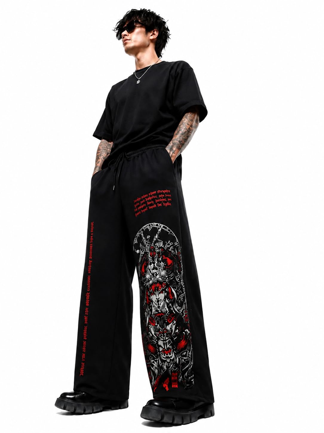 Men's Oversized Graphic Baggy Jogger Pants | Wide Leg Streetwear Trousers | Cotton Blend Loose Fit Y2K Hip Hop Casual Sweatpants | Black-image-46