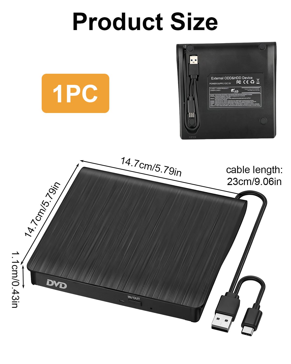 External CD DVD Drive USB Portable Tray Loading Optical Drive DVD-ROM CD-ROM Reader for Laptop Desktop All-in-One Computer Compatible with Windows and Mac OS Black Brushed Dual Cable Design — view 2