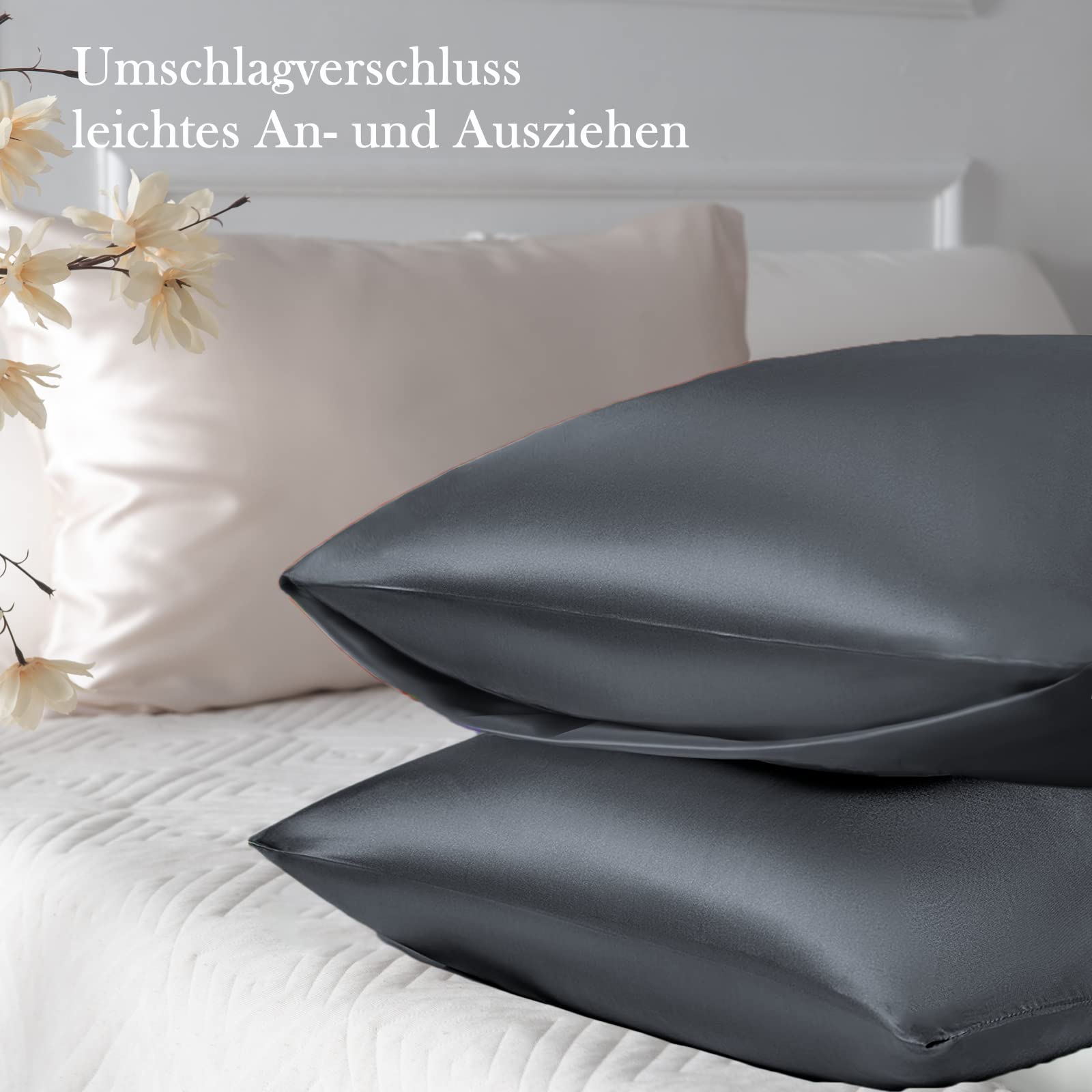 Vielit 2 Pack Satin Pillowcase 70 x 40 Dark Grey, Soft as Silk Pillowcase for Hair and Skin Easier Care than Silk Pillow Case, Envelope Pillowcases & 2 Srunchies Gifts for Women - Image 3