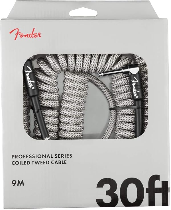 Fender Professional Series Tweed Coiled Instrument Cable, Guitar Cable, Guitar Accessories, Straight/Angle, White, 30ft by Fender - Used condition - US$34.00