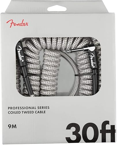Fender Professional Series Tweed Coiled Instrument Cable, Guitar Cable, Guitar Accessories, Straight/Angle, White, 30ft