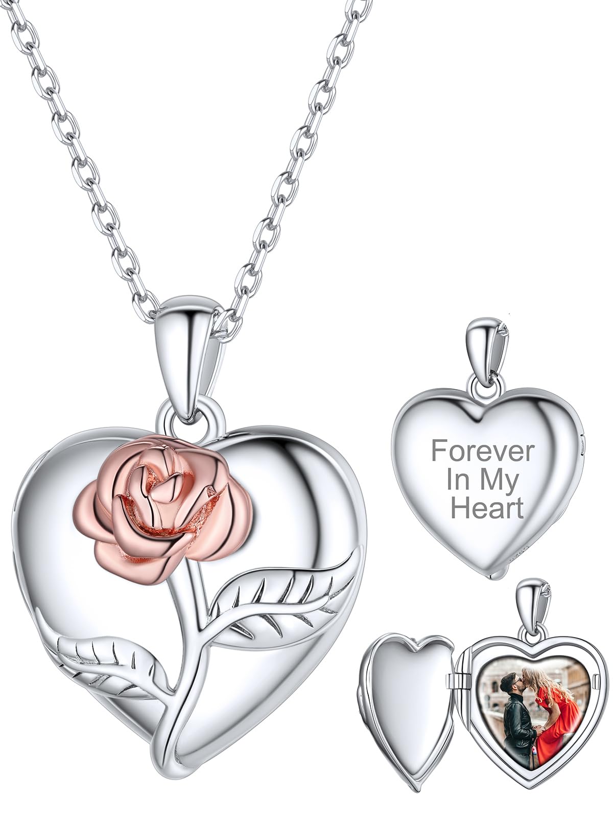 Supcare Collana con Foto Personalizzata, Cuore Locket Collana Donna Argento 925, 7 Stili Medaglione Ciondolo Portafoto, Argento/Oro/Oro Rosa Collana Personalizzata con Foto, Idee Regalo Donna Mamma