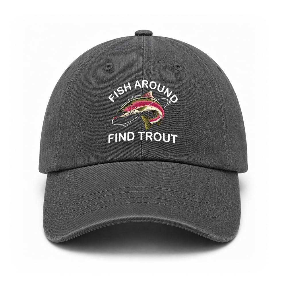 Fish Around Find Trout Black Baseball Cap, Fishing Caps