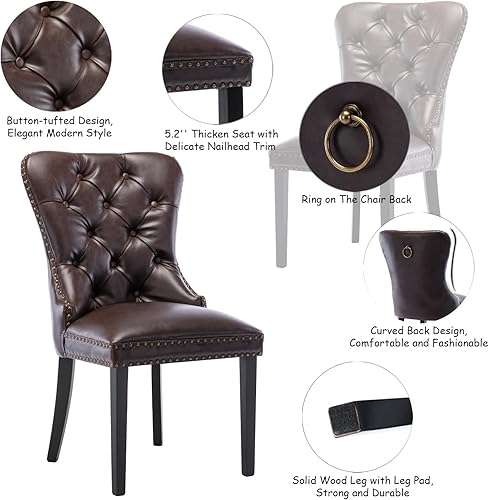 Miniatura 4 de CIMOTA Dark Brown Leather Dining Chairs Set of 6 Mid Century Modern Dining Room Chairs Tufted Upholstered Kitchen Dining Chairs Comfortable Side