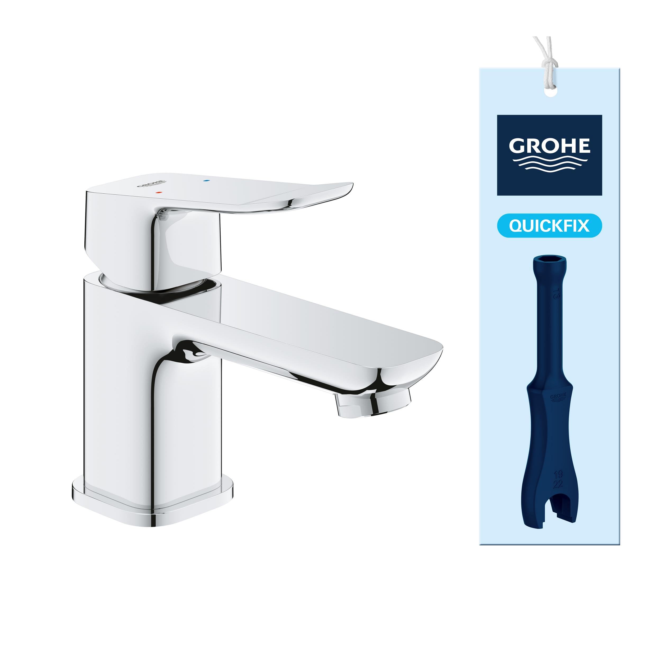 GROHE Dice, Waschtischarmatur klein, wassersparend (Wasserhahn für das Bad, Badarmatur mit Zugstangen-Ablauf, 12cm hoch, mit 3in1 Werkzeug, einfache Installation am Waschbecken), chrom, 1018550000