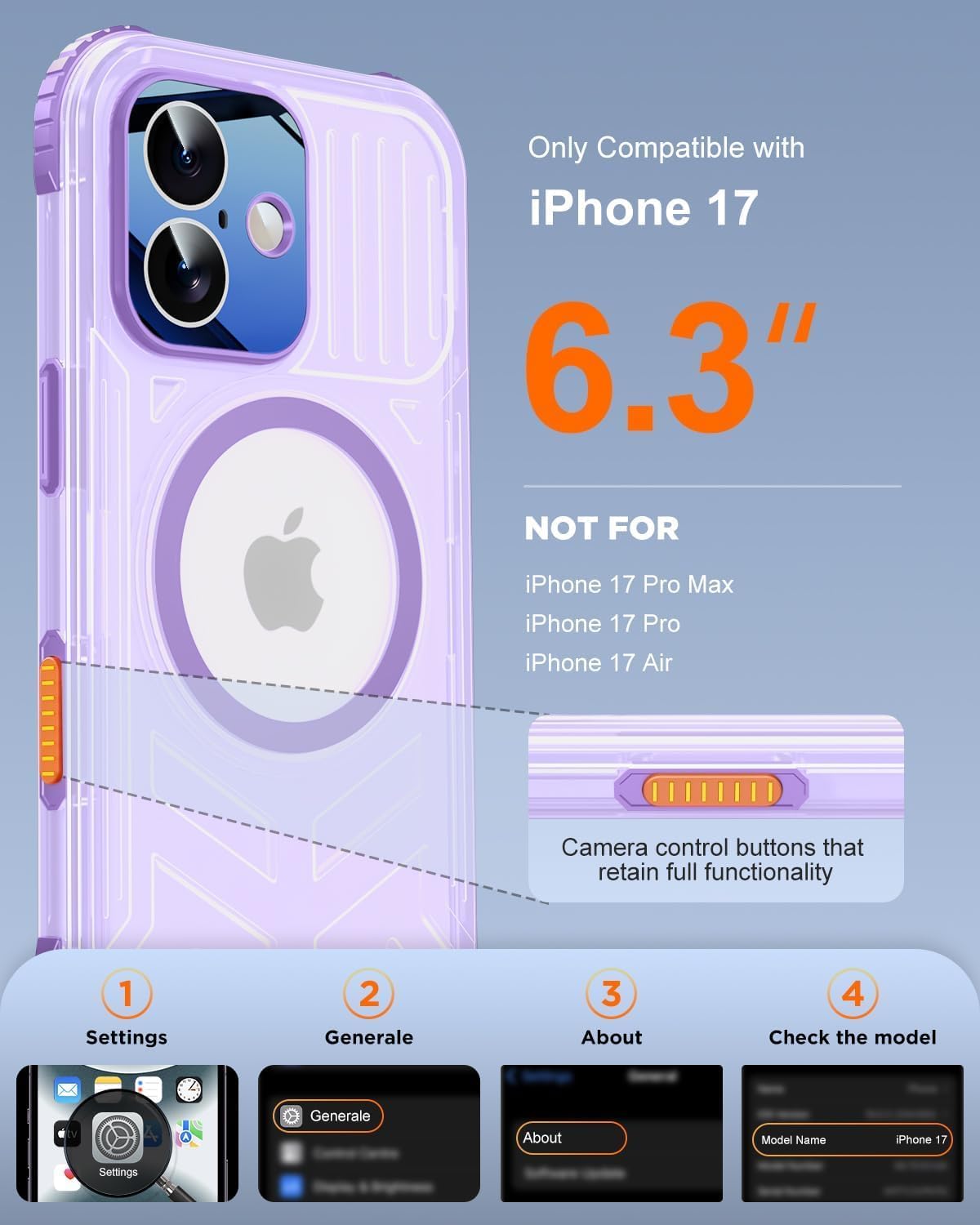 for iPhone 17 Waterproof Case Magnetic, Built in Camera Control [Screen Protector] [Lanyard], Fit for Magsafe Heavy Duty Military Rugged Full Body IP68 Phone Case, 6.3" Frosted Purple - Image 2