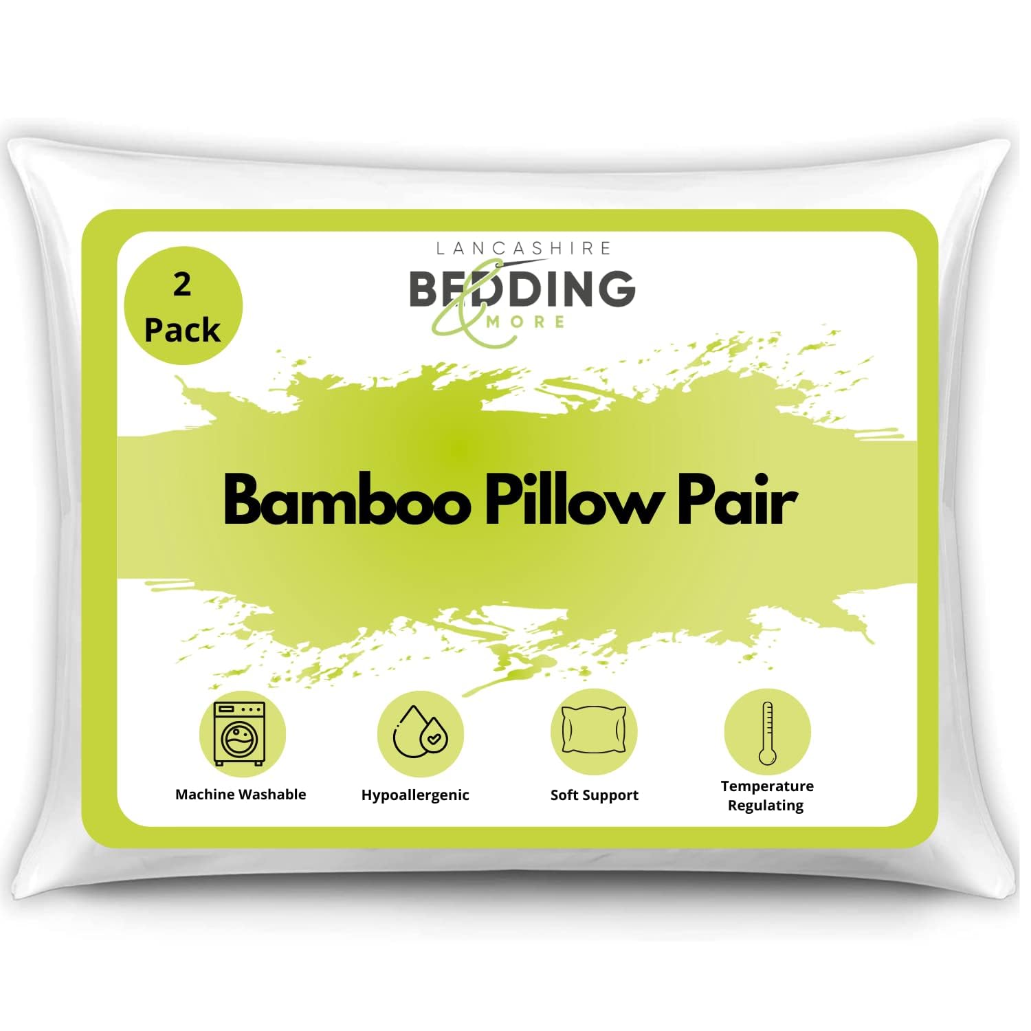 Lancashire Bedding Pack Of 1 Bamboo Pillow Pair; Hypoallergenic Microfibre Filling - 60% Natural Bamboo Fibre, 40% Cotton - Soft Pillow Pair - Standard Size Pillow 74Cm X 48Cm - 300Tc