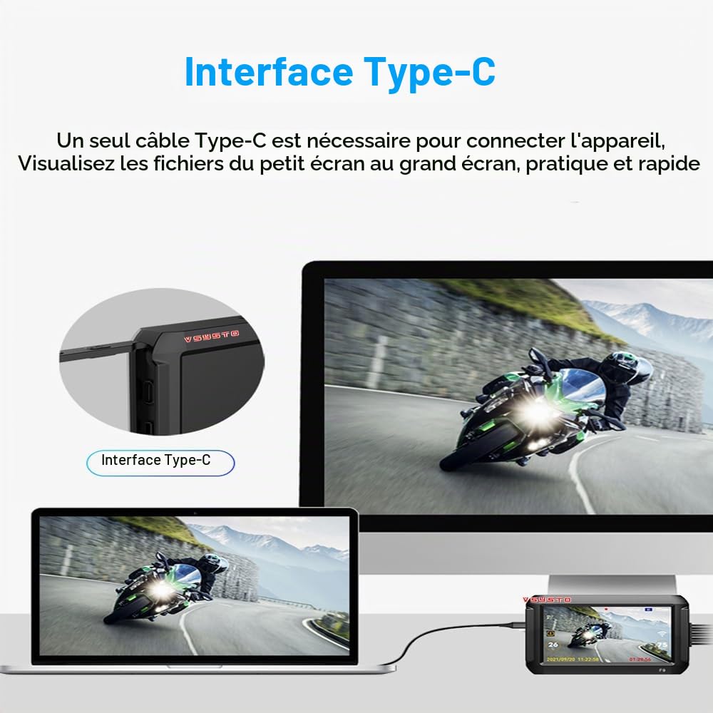 VSYSTO Moto Caméra de recul,4'' écran WiFi Moto Dash Cam avec TPMS GPS HD 1080P Avant et 720P caméra Gauche et Droite, Mode Assistant téléphone capteur de température Surveillance de stationnement