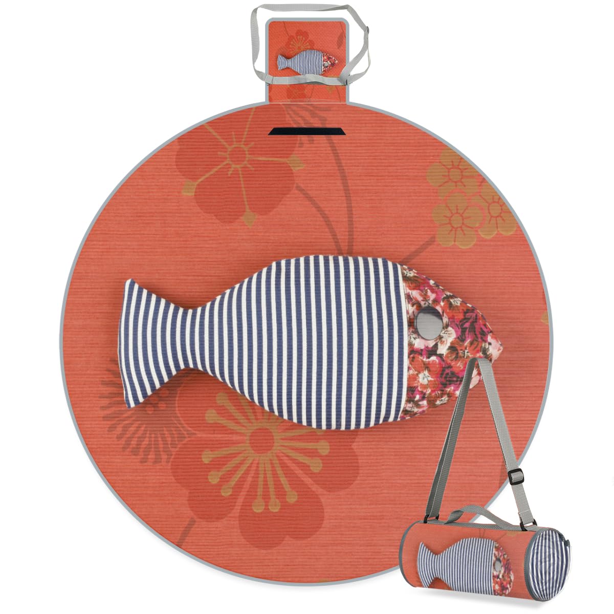 Shimoshe Tribe Flower Stripe Fish Picnic Outdoor Blanket Foldable Waterproof Sandproof Beach Blanket Portable Water-Resistant Round Picnic Mat for Travel Camping Park Lawn