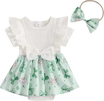 Baby Girl St Patricks Day Outfit Newborn Romper Dress Ruffle Short Sleeve Skirt Hem Jumpsuit Bodysuit