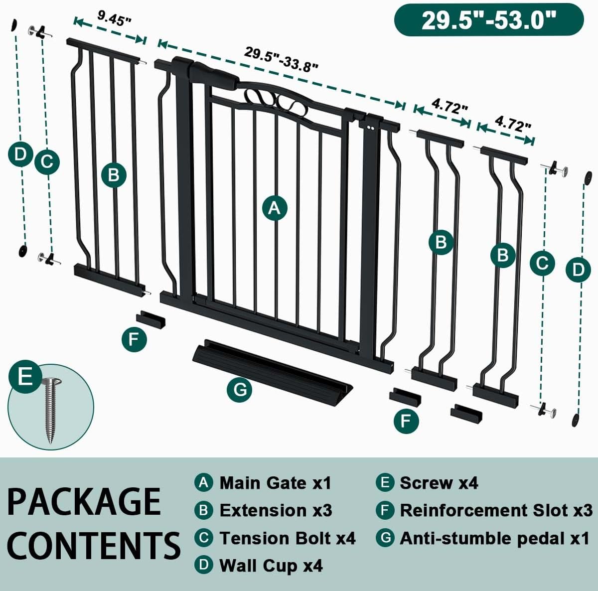 Fairy Baby 29.5"-53.1" Extra Wide Baby Gate for Doorways, No Drill Baby Gate for Stairs Hallway, Pressure Mounted Safety Child Gate Pet Barrier, Walk Thru Auto Close Metal Dog Gate Indoor, Black Black 29.5"-53.0"