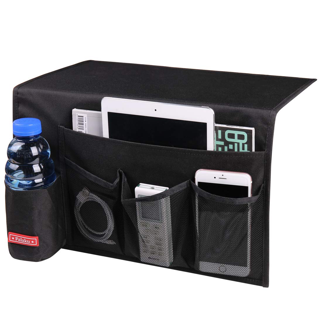 Falaku Bedside Caddy,5 Pockets Bedside Organizer Caddy Under Mattress,Holds Water Bottles,Magazines,Books (Black)