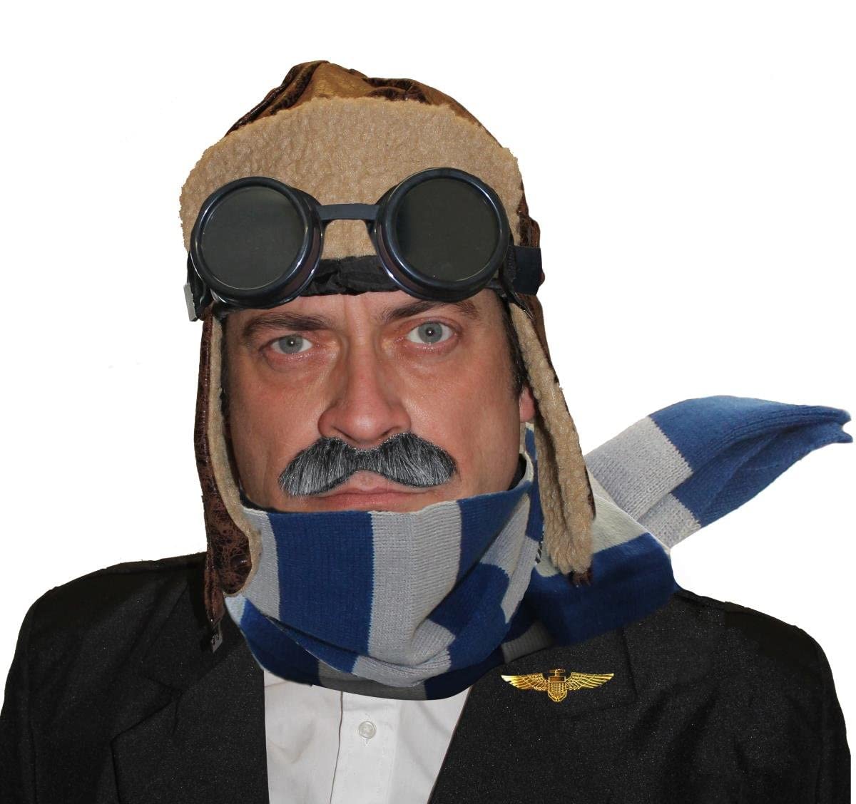 Adults VE Day 1940s Aviator Fancy Dress Set - Brown Aviator Hat Ww2 Pilot Fancy Dress Cap Distressed Leather Look Fancy Dress Accessory - Striped Scarf, Hat And Goggles (Blue/Grey)