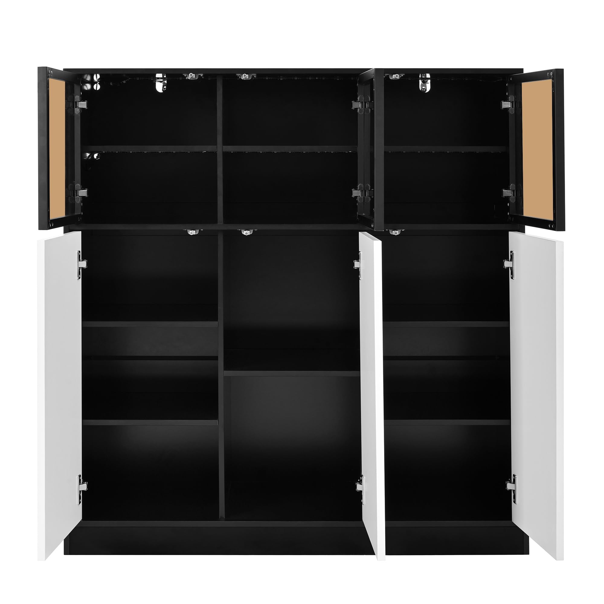 Credenza con illuminazione a LED e 3 ante in vetro, 100 cm, colore nero/bianco, 6 ante e 14 scomparti, con sistema di sicurezza ribaltabile, per soggiorno, cucina e sala da pranzo
