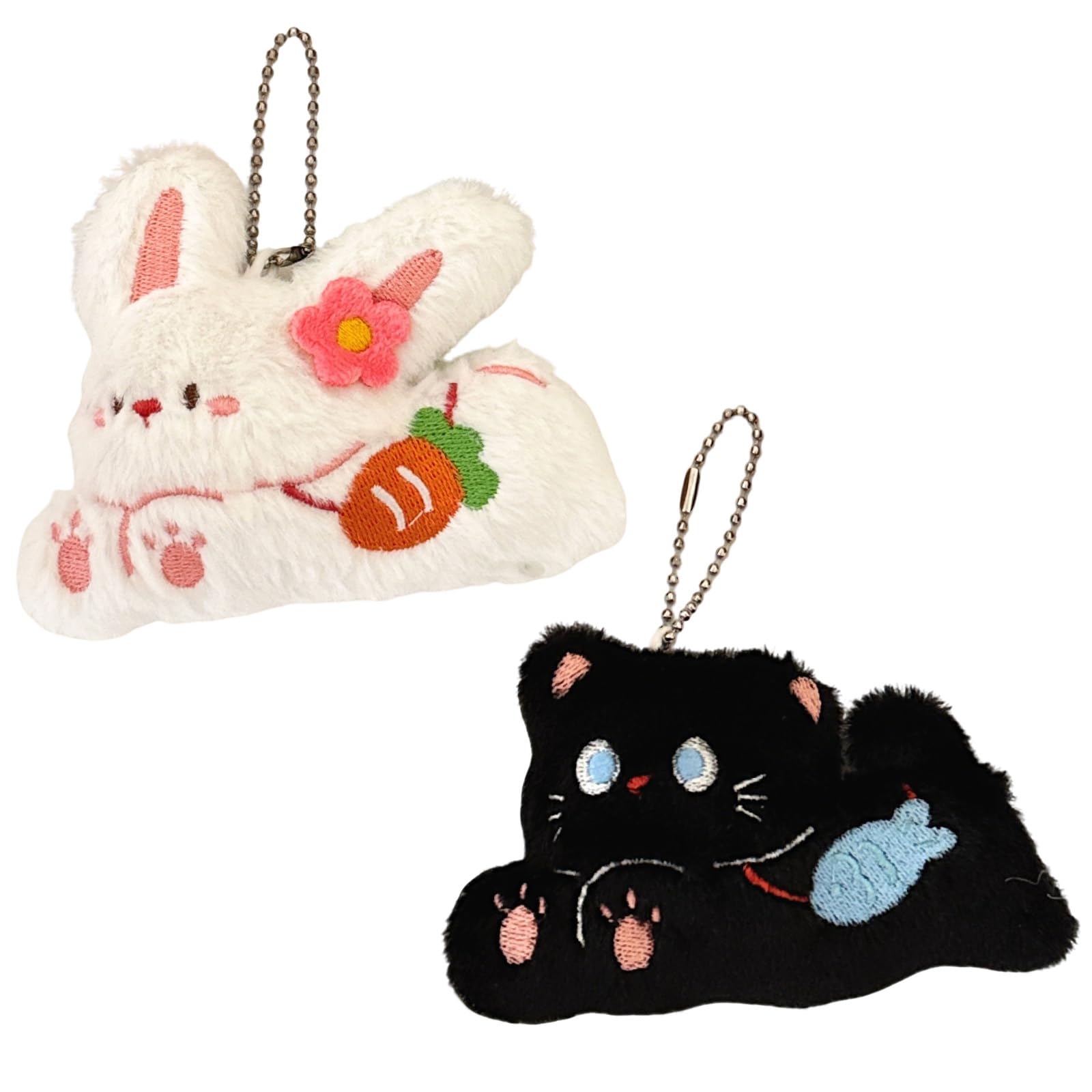 Cute Fluffy Black Cat and Carrot Rabbit Plush Keychain Set, Soft Key Ring Charm for Women Girls, Bag Purse Backpack Car Keys Decor Accessories
