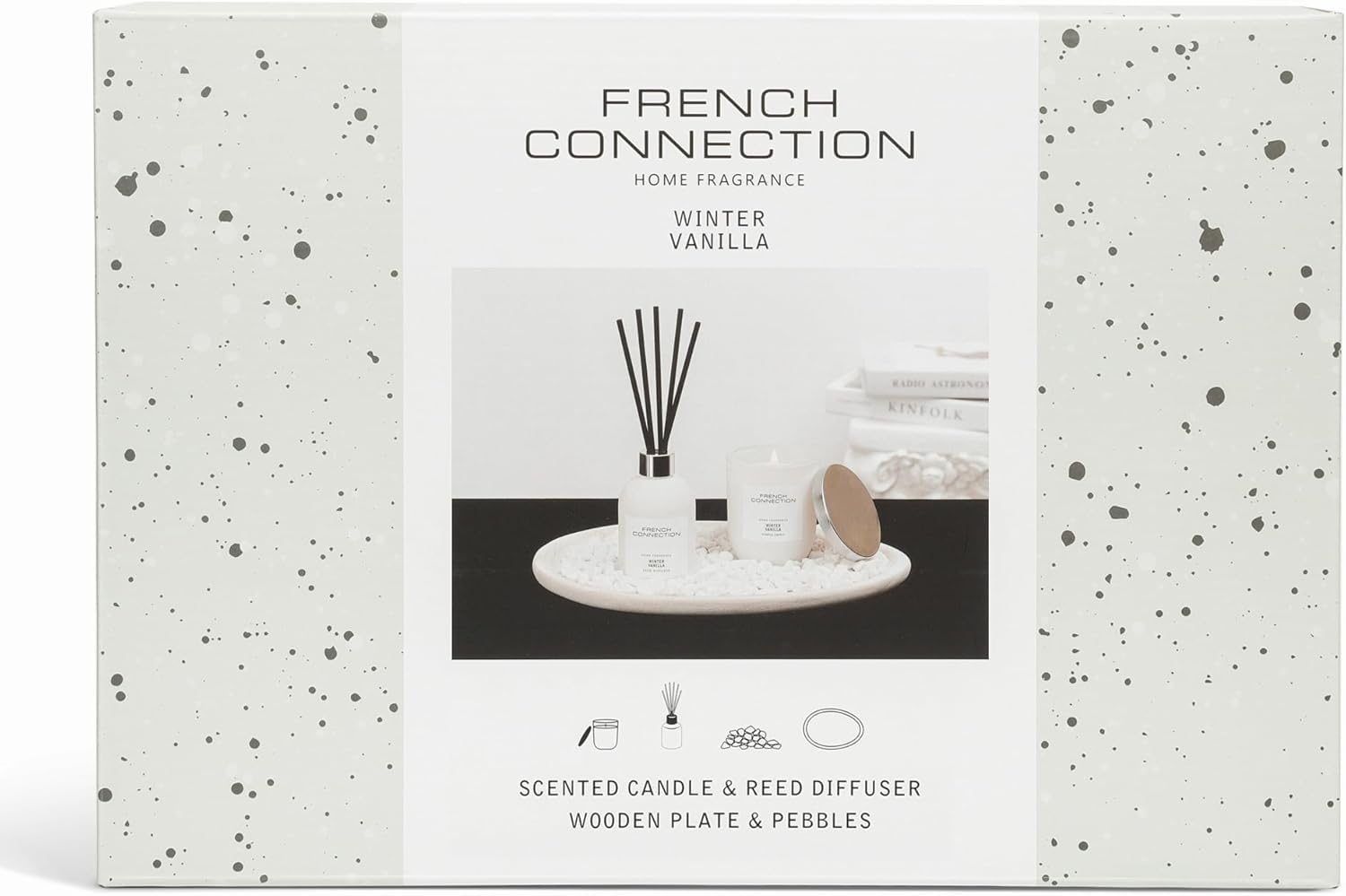 French Connection Set regalo di fragranze per la casa, candela profumata e diffusore a bastoncini con piatto in legno e ciottoli, set di lusso per aromaterapia, (vaniglia)