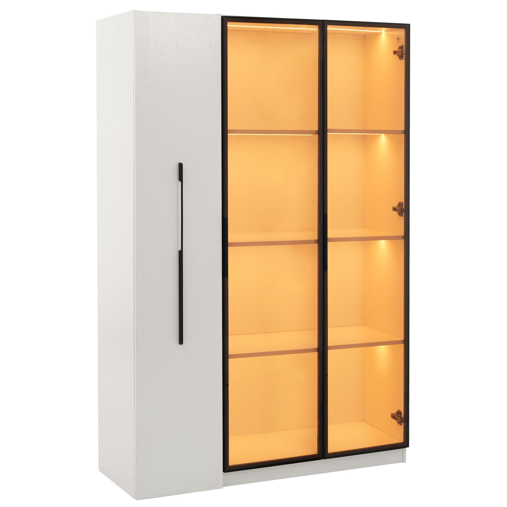 Merax Vitrina de 110,5 × 35 × 160 cm, armario multifunción con puerta de cristal e iluminación LED, cajón lateral con espacio de almacenamiento, armario alto de estilo francés, adecuado como