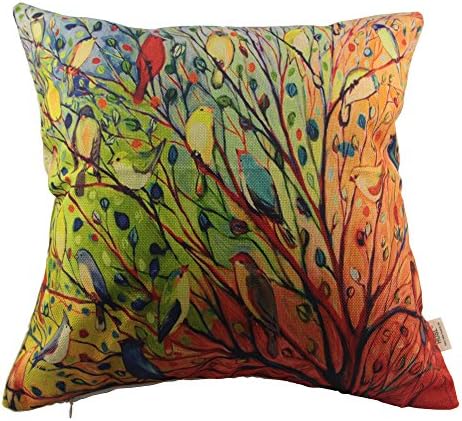 HOSL Cotton Linen Pillow Cover Decor Throw Pillow Case Cushion Cover Colorful Birds and Tree Square 18