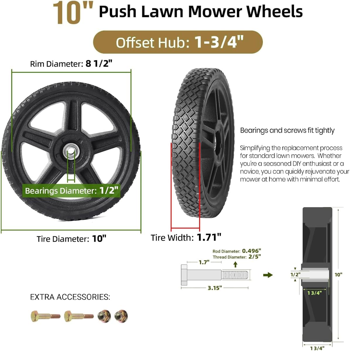 Replacement 10Inch Push Lawn Mower Wheels - Universal 10Inch Lawn Mower Wheels with Bolts and Lock Kit - Fit for Most Standard Lawn Mowers, Pressure Washers, Generators and More(2Pack)