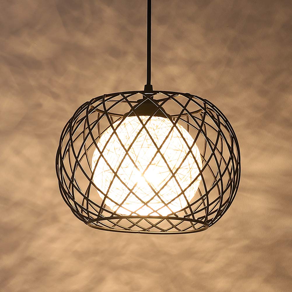 Luminaire Suspendu Industriel Bohème - Cadre en Métal Noir Treillé et Sphère en Fil de Coton Tressé - Éclairage Doux Ambiant pour Salon,Salle à Manger,Cuisine,Chambre - Compatible Ampoule E27