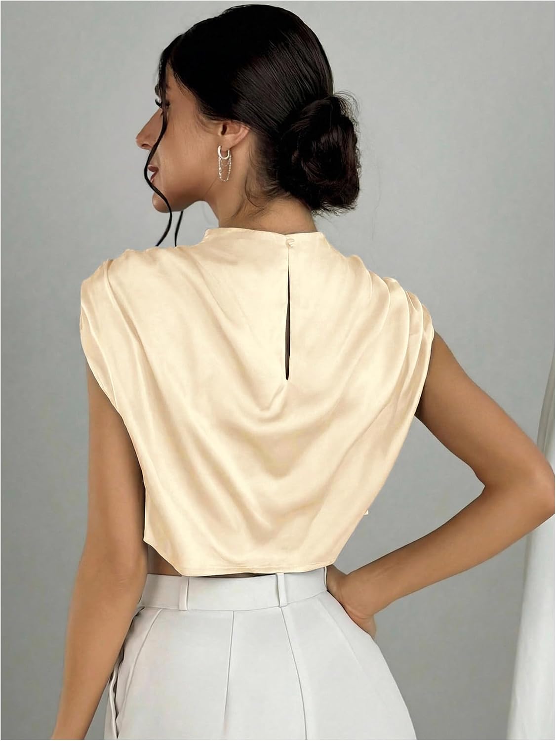 OYOANGLE Women's Satin Crop Top Mock Neck Satin Blouse Ruched Cap Sleeve Silk Tops Dressy Business Casual Work Shirts