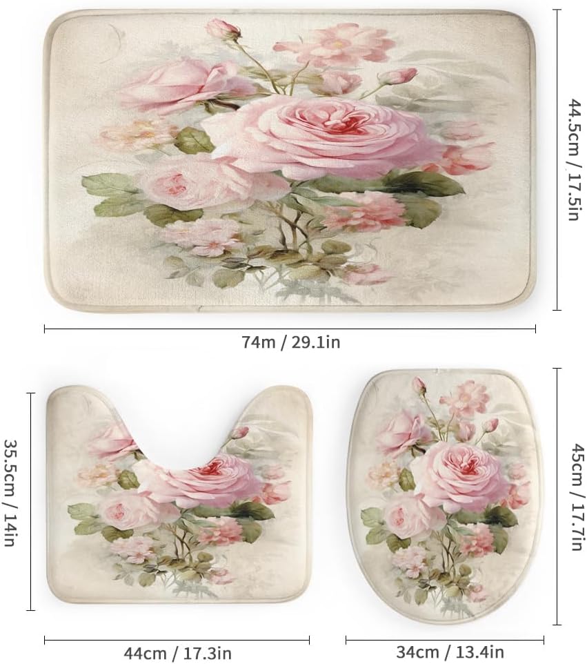 Vintage Roses Shower Curtain Set 4PCS with Bath Mat & Toilet Cover - Waterproof Polyester 72x72 Inches, Non-Slip Rug, 12 Hooks,Rustic Natural Flowers Rustic Bathroom Decor