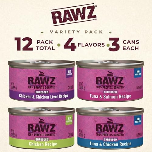 Miniatura 10 de Rawz Natural Premium Canned Cat Wet Food Shredded -12 Pack Cans Variety Pack -4 Flavors with Yow Pet Lid- (Tuna & Salmon, Chicken & Liver, Tuna &