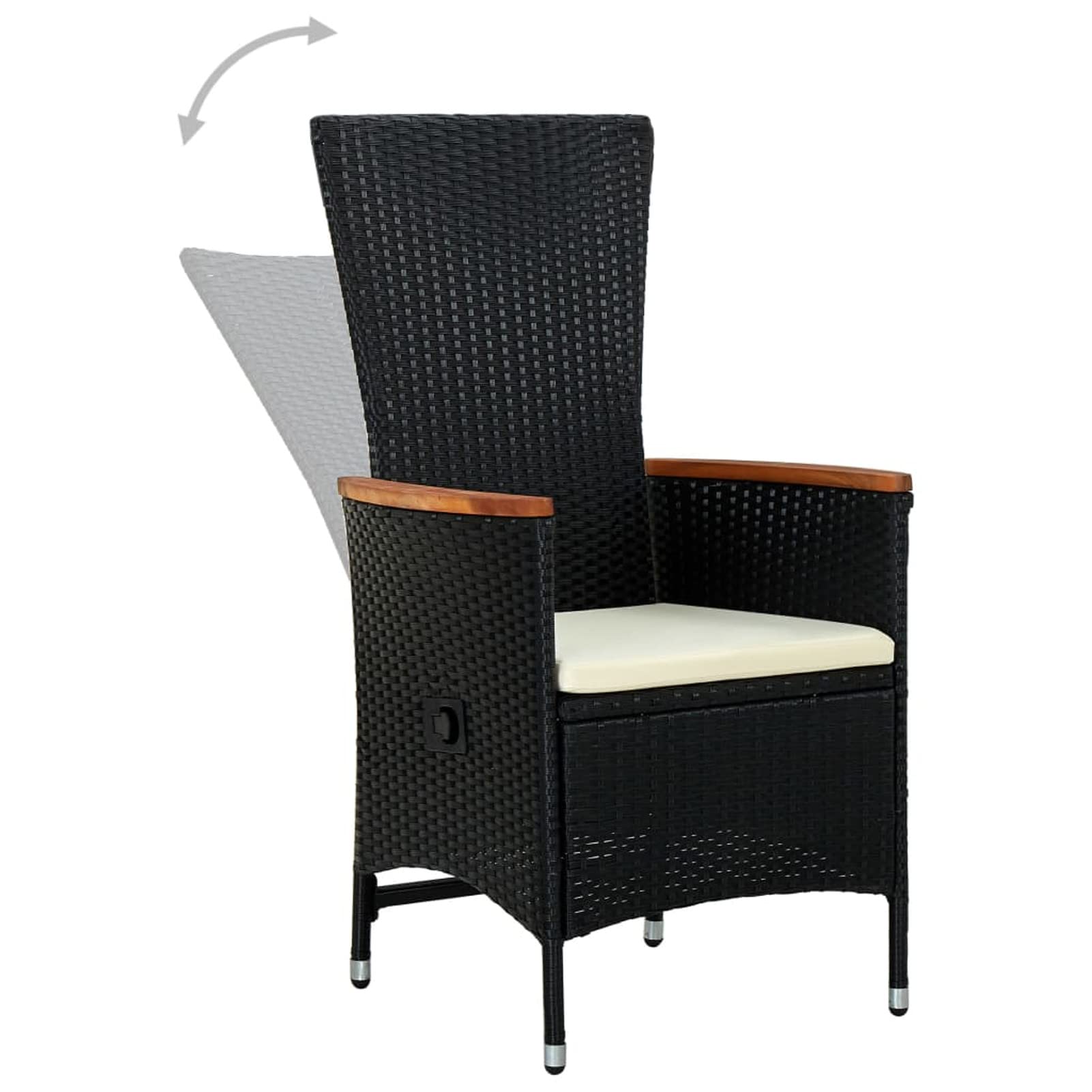 Juego de comedor de jardín, mesa de vidrio y 4 sillas reclinables con cojines, conjunto de muebles de exterior de ratán PE y acero, negro y blanco crema, 140x70x74 cm, para patio, terraza y balcón
