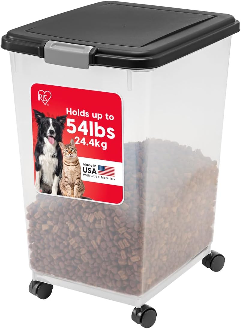 Airtight Dog Food Storage Container, Up to 54 lbs, Attachable Wheels, For Dog Cat Bird and Other Pet Food Storage Bin, Keep Fresh, Translucent Body, Easy Mobility, Black
