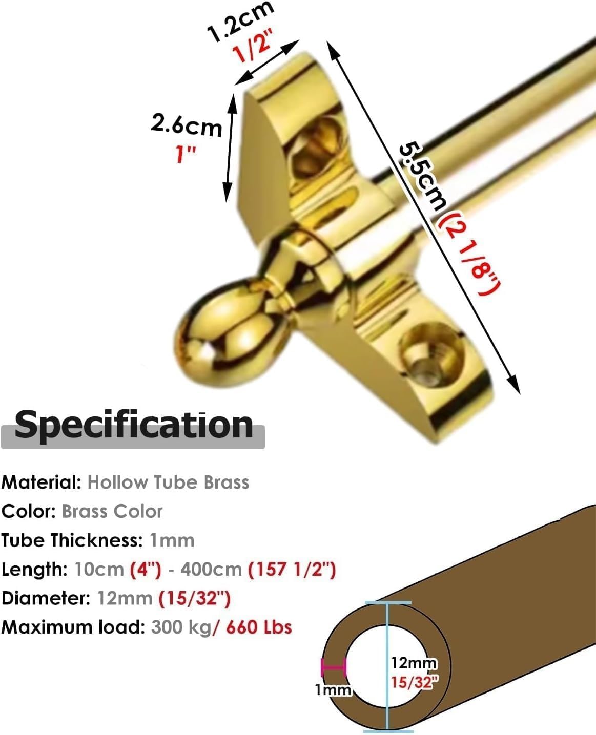 AVLLSO Stair Carpet Rod, Polished Bright Brass Stair Carpet Rod with Fixing Bracket Hardware, Hollow Stair Carpet Rod(75cm/30in/2.5ft)