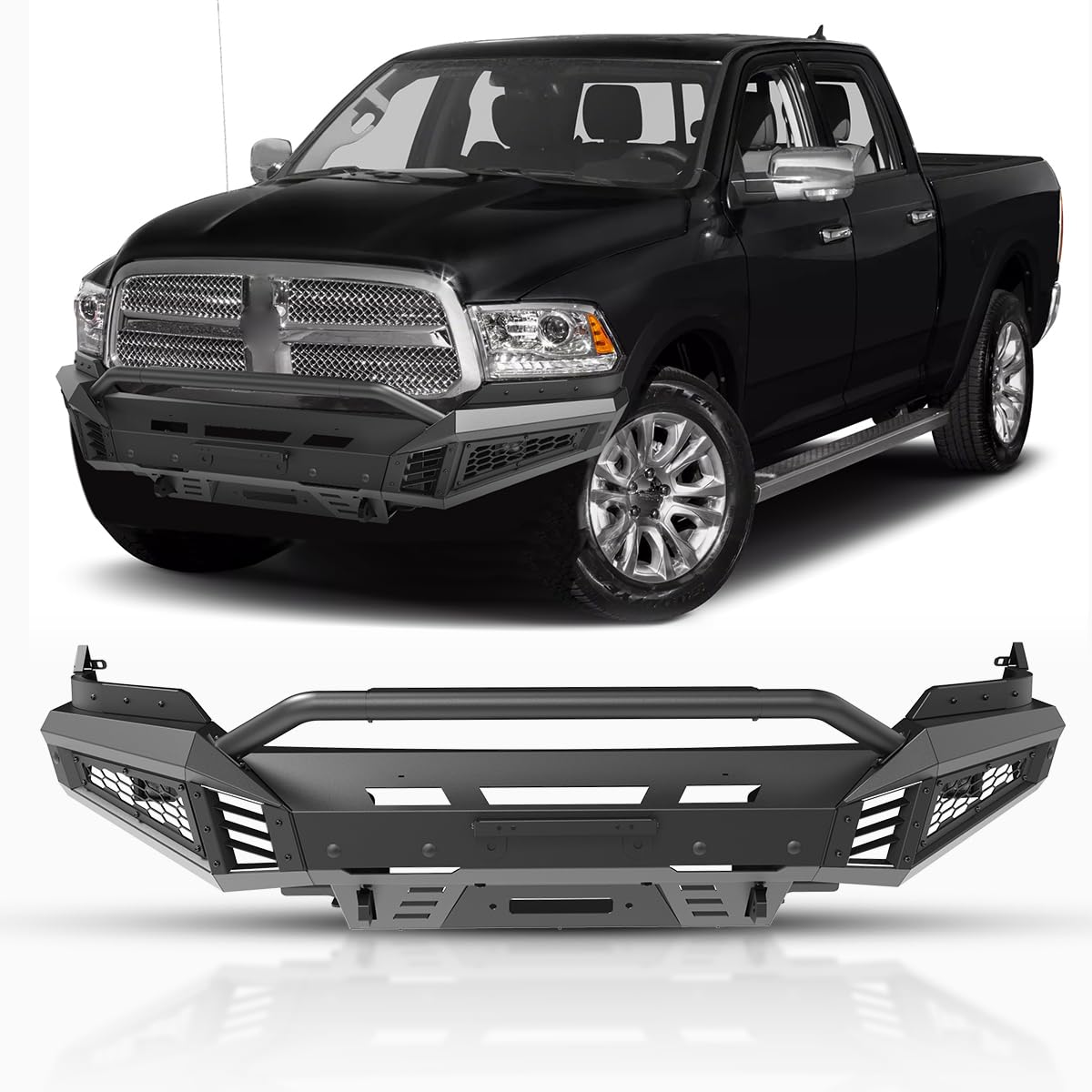 WOLFSTORM Front Bumper for 2013-2018 Dodge RAM 1500 and 2019-2023 RAM 1500 Classic (Exculding Warlock) Pickup Truck (Mid-Width Front Bumper+Side Wing+Bull Bar+Bottom guard)