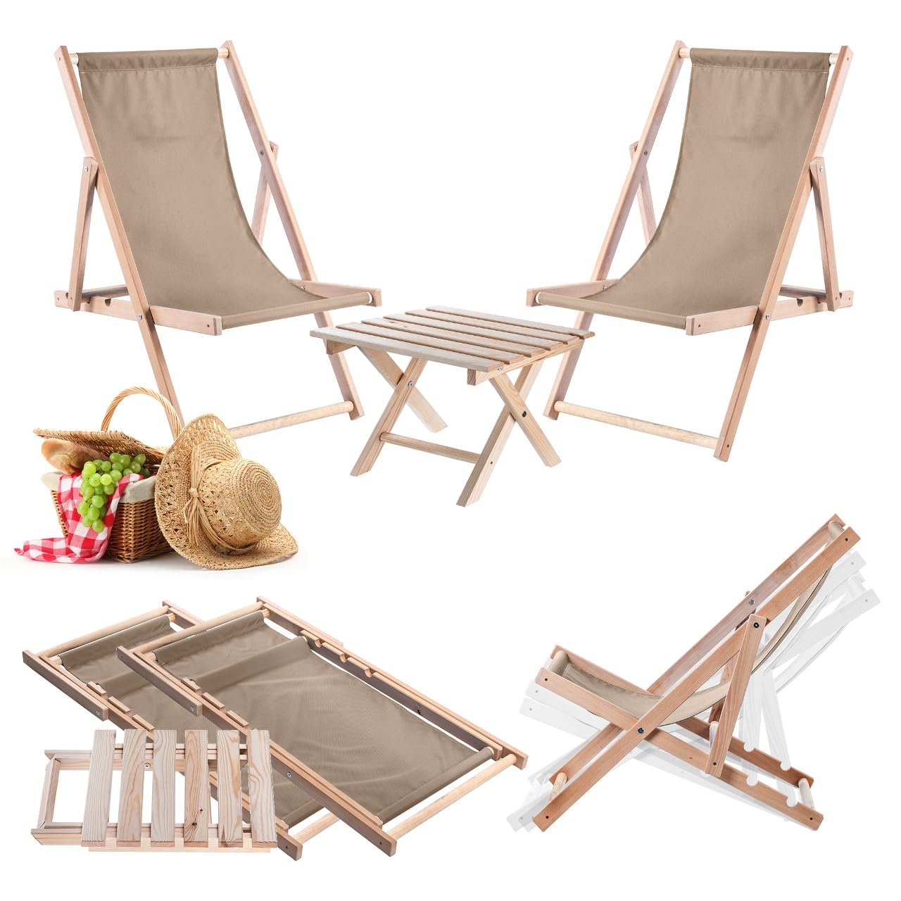 KADAX Tavolo pieghevole con 2 sedie a sdraio, piccolo tavolo da giardino in legno, tavolino da giardino per balcone e giardino, tavolino piccolo da balcone pieghevole (beige)