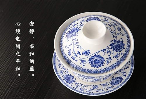 Miniatura 4 de Tazas de té de porcelana chinas de 10 onzas Gaiwan Peony Lotus Flower Tureen Tradition Sancai Cover Bowl Lip Cup Saucer Tea Set (loto azul)