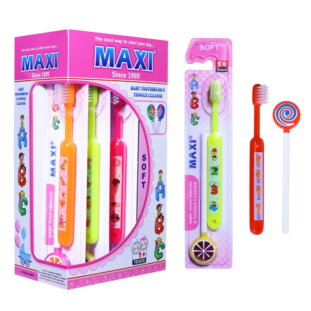 MAXI Abc Baby Manual Toothbrush And Tongue Cleaner-Oral Hygiene Kit For 1 Year+ Baby, Girls, Boys, Infants, Multicolor (Pack Of 12)-picture-25