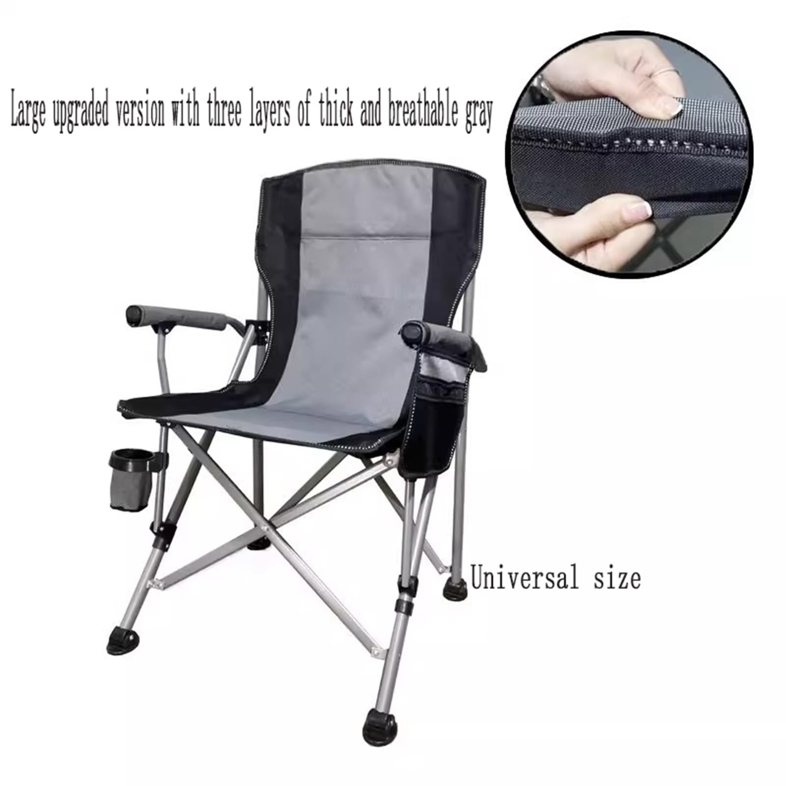 Chaise de Camping Pliable Surdimensionnée Portable avec Porte Gobelets et Accoudoirs Cadre Stable pour Extérieur Intérieur Camping Pêche Couleur Noir Gris D